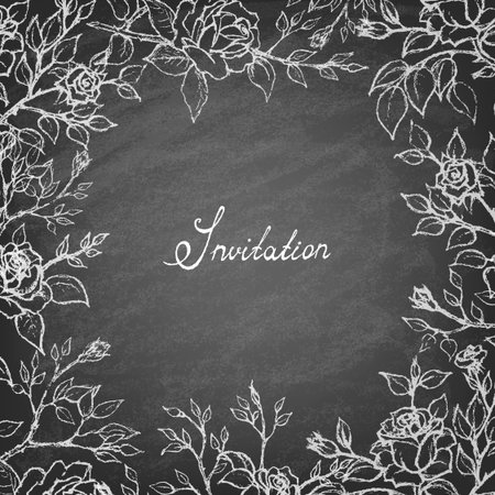 Vintage vector frame on the blackboard. Wild roses. Invitation. Black and White. Vintage style. Vector illustration.のイラスト素材