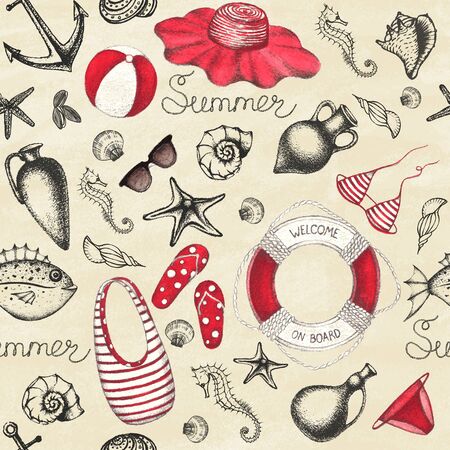 Summer set. Hand drawn retro icons summer beach set on a grunge paper background. Vintage style. Seamless pattern. Vector illustration.のイラスト素材