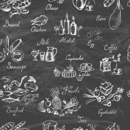 Retro vintage style. Set of hand drawn elements food on the blackboard. Seamless background. Vector illustrationのイラスト素材