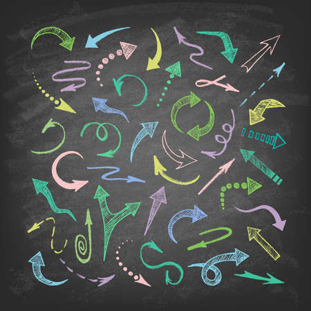 Vector illustration of hand drawn doodle arrows. Set of icons on the chalkboard background.のイラスト素材