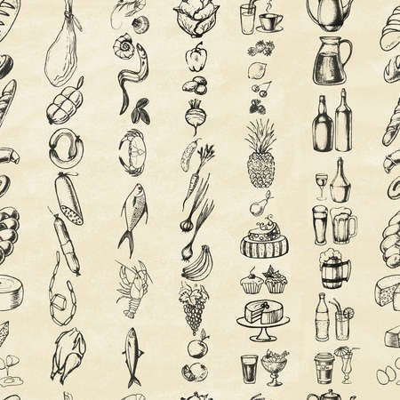 Retro vintage style food design. Hand drawn elements for cooking, vegetables, restaurant and vegetarian food. Seamless pattern. Vector illustration.のイラスト素材