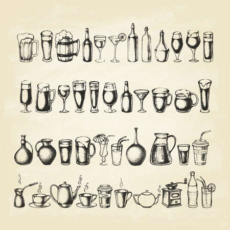 Set of different hand drawn beverages on old paper. Retro vintage style.Vector illustration.のイラスト素材