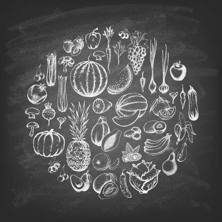 The composition with fruit and vegetable in a circle on the blackboard. Hand drawn elements. Vector illustrationのイラスト素材