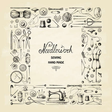 Set of needlework - scissors, measuring tape, mannequin, sewing and more on old paper. Retro vintage style. Vector illustration.のイラスト素材