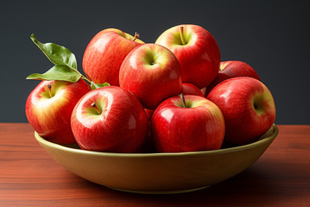 Bowl of fresh red apples on wooden table over dark background.の素材