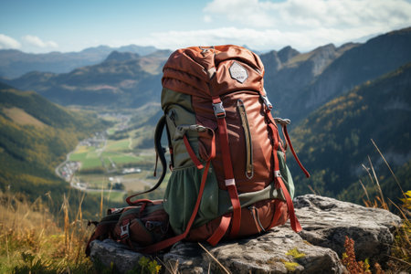 Hiking backpack on a rock in the mountains. Trekking concept.の素材