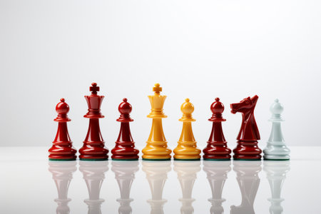 Chess pieces on a white background with reflection and copy space.の素材
