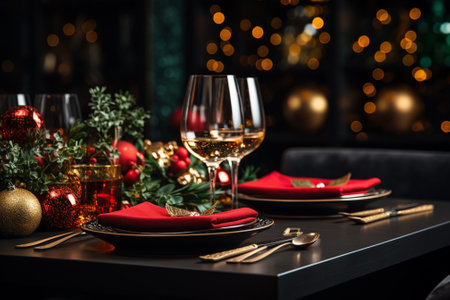 Festive table setting with champagne glasses and christmas ornamentsの素材