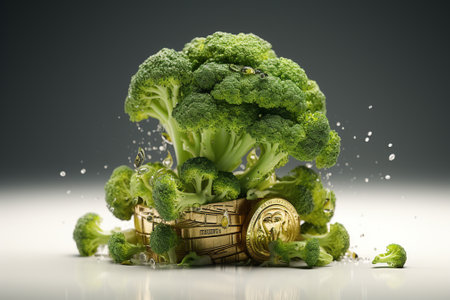 Broccoli and gold coin on a dark background. 3d renderingの素材
