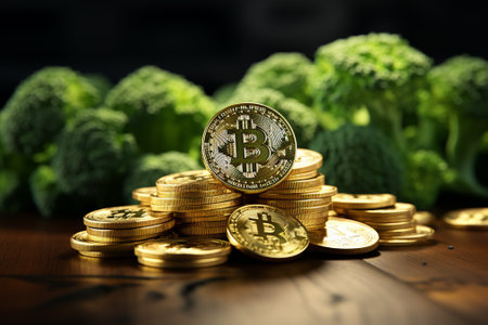 Bitcoins and green broccoli. Cryptocurrency and investment concept.の素材