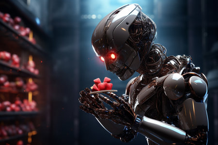 Robot in a dark laboratory. 3D rendering. Robot.の素材