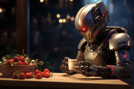 Robot with strawberries on the table in the night. 3d rendering.の素材