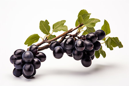 Bunch of ripe black grapes with green leaves on a white backgroundの素材