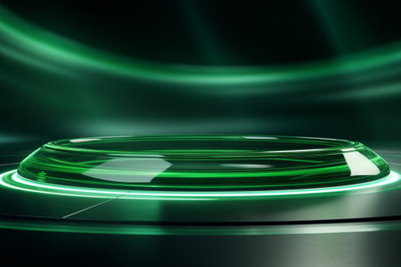 Empty round podium with green neon light on dark background. 3d renderの素材