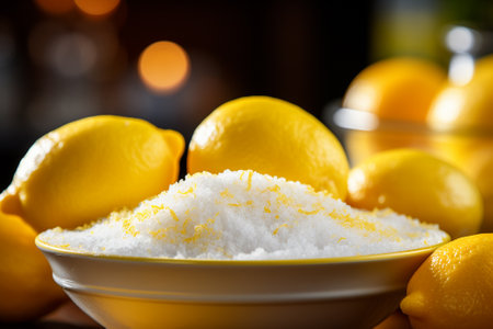 Lemons and flour in a bowl on a dark background.の素材