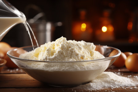 Bowl with flour and milk on table in kitchen, closeupの素材