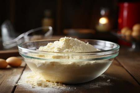 Bowl with flour on wooden table, closeup. Cooking doughの素材