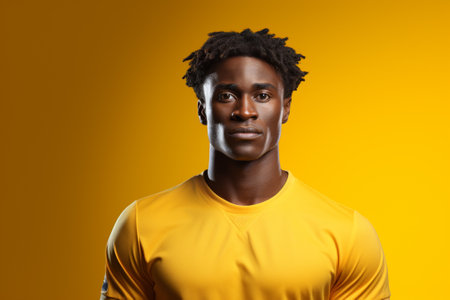 Portrait of young african american man in yellow t-shirt on yellow backgroundの素材