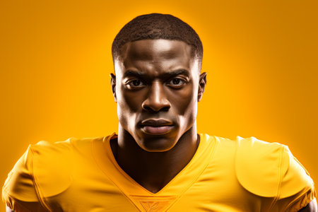 Portrait of a young african american football player on a yellow background.の素材