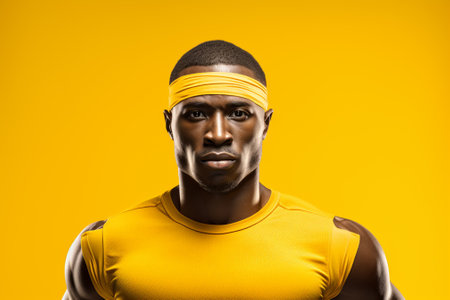Portrait of a young african american man in sportswear on yellow backgroundの素材
