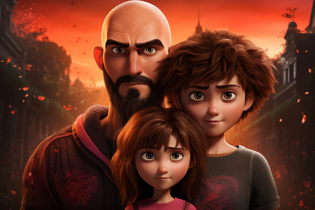 Family of three in front of a big city background. Halloween concept.の素材