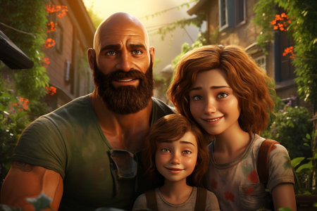 Portrait of a happy family of three in the city street at sunset.の素材