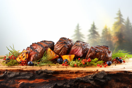 Grilled meat with berries and spices on a wooden table in the forestの素材