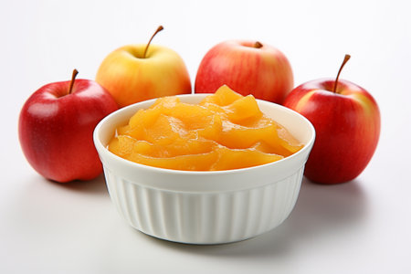 bowl of apple puree with fresh apples on white background, closeupの素材