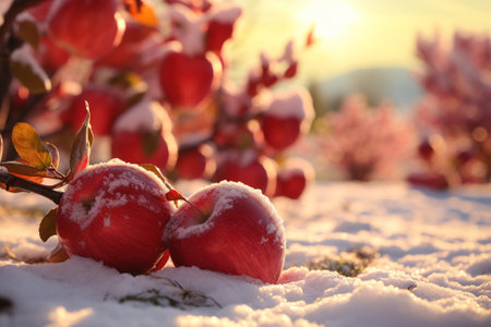 Red apples on a branch in the snow in the rays of the setting sunの素材