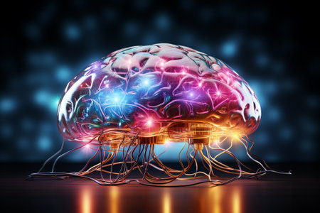 Human brain with glowing brain on dark background. 3D Renderingの素材