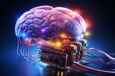 3d illustration of human brain with circuit board and microcircuitの素材