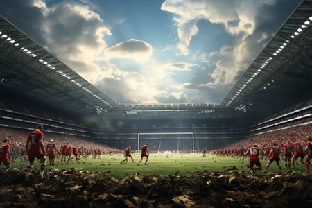 3d render of a football field with players during the match.の素材