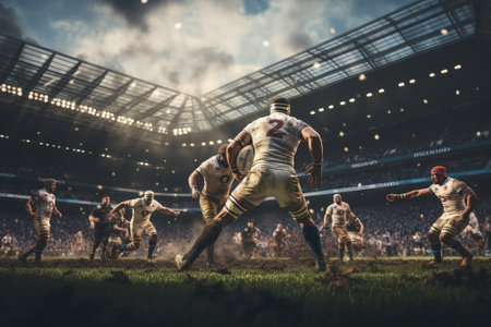 American football players in action at stadium. Mixed media. Mixed mediaの素材