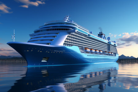 Cruise ship in the sea at sunset. 3D rendering.の素材