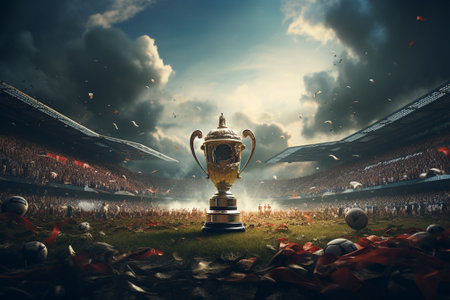 Soccer match with a trophy cup. Mixed media. Mixed mediaの素材