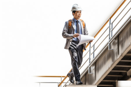 Asian engineer in hardhat and safety helmet holding blueprints on stairsの素材