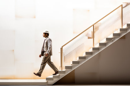 Side view of a young businessman walking up the stairs in an office buildingの素材