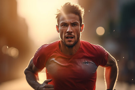 Portrait of a male athlete running in the city at sunset.の素材