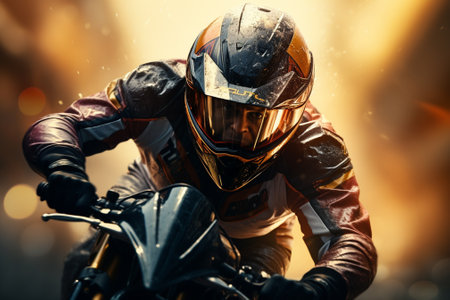 Racing motorcyclist in helmet and leather jacket on blurred backgroundの素材