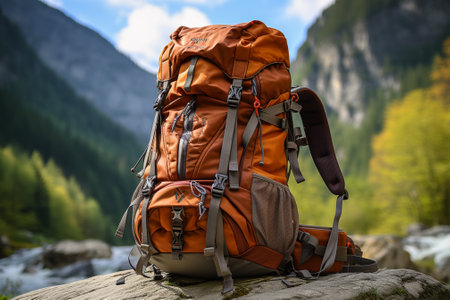 Hiking backpack in the mountains. Lifestyle and travel concept.の素材