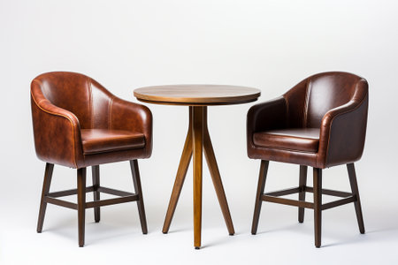 Two brown leather armchairs and round table on white background. Side view.の素材