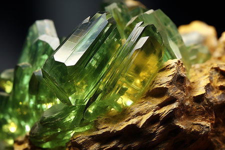 Natural green tourmaline crystals on a dark background close-upの素材