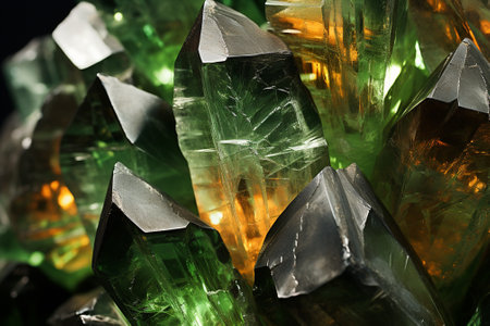 close-up of crystals of various shapes and colors on a black backgroundの素材