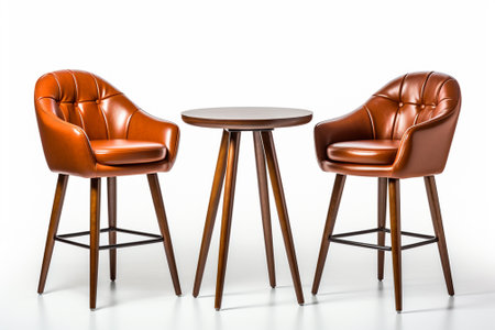 Brown leather armchairs and round coffee table isolated on white background.の素材