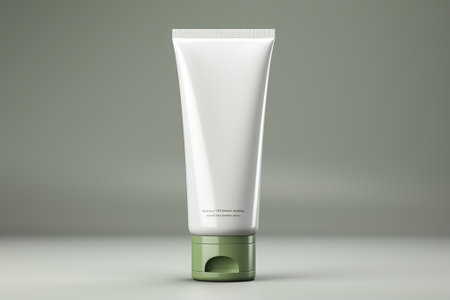 Blank white cosmetic tube mockup on grey background. 3D renderingの素材