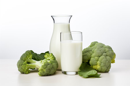 Glass of fresh milk and broccoli on a white background. Isolatedの素材