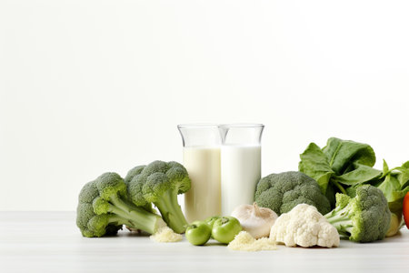 Vegetables and glass of milk on wooden table against white backgroundの素材