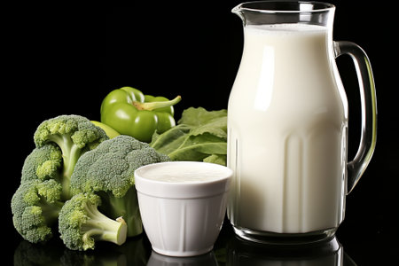 Milk in a glass jug and fresh vegetables on a black backgroundの素材
