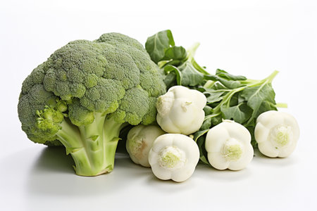 Broccoli and cauliflower on a white background, close-upの素材
