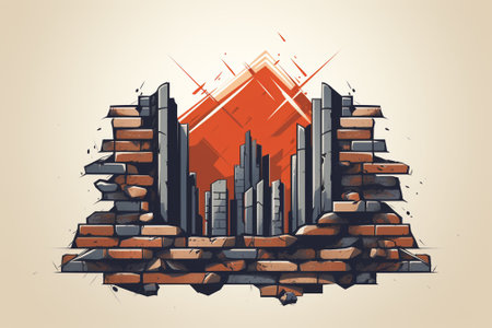 Broken brick wall with cracks and cracks. Vector illustration in retro style.の素材